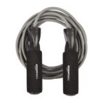 Black speed jump rope with ergonomic handles, ideal for home cardio and fat-burning workouts